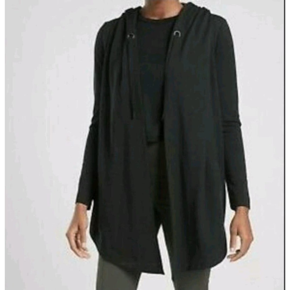 Athleta Pranayama Wrap Hoodie Black Open Front Cardigan Tencel Blend Medium